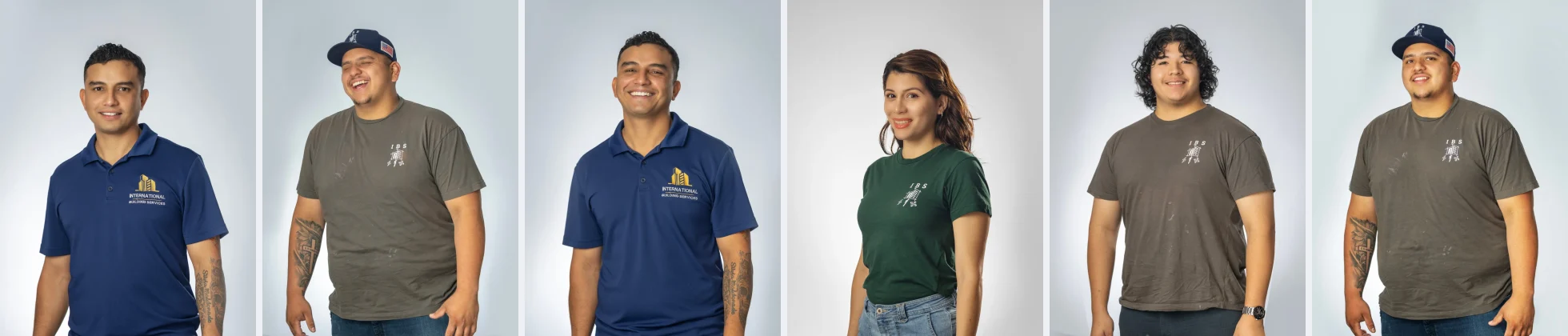 Six IBS employees photographed in one session with identical lighting and backdrop
