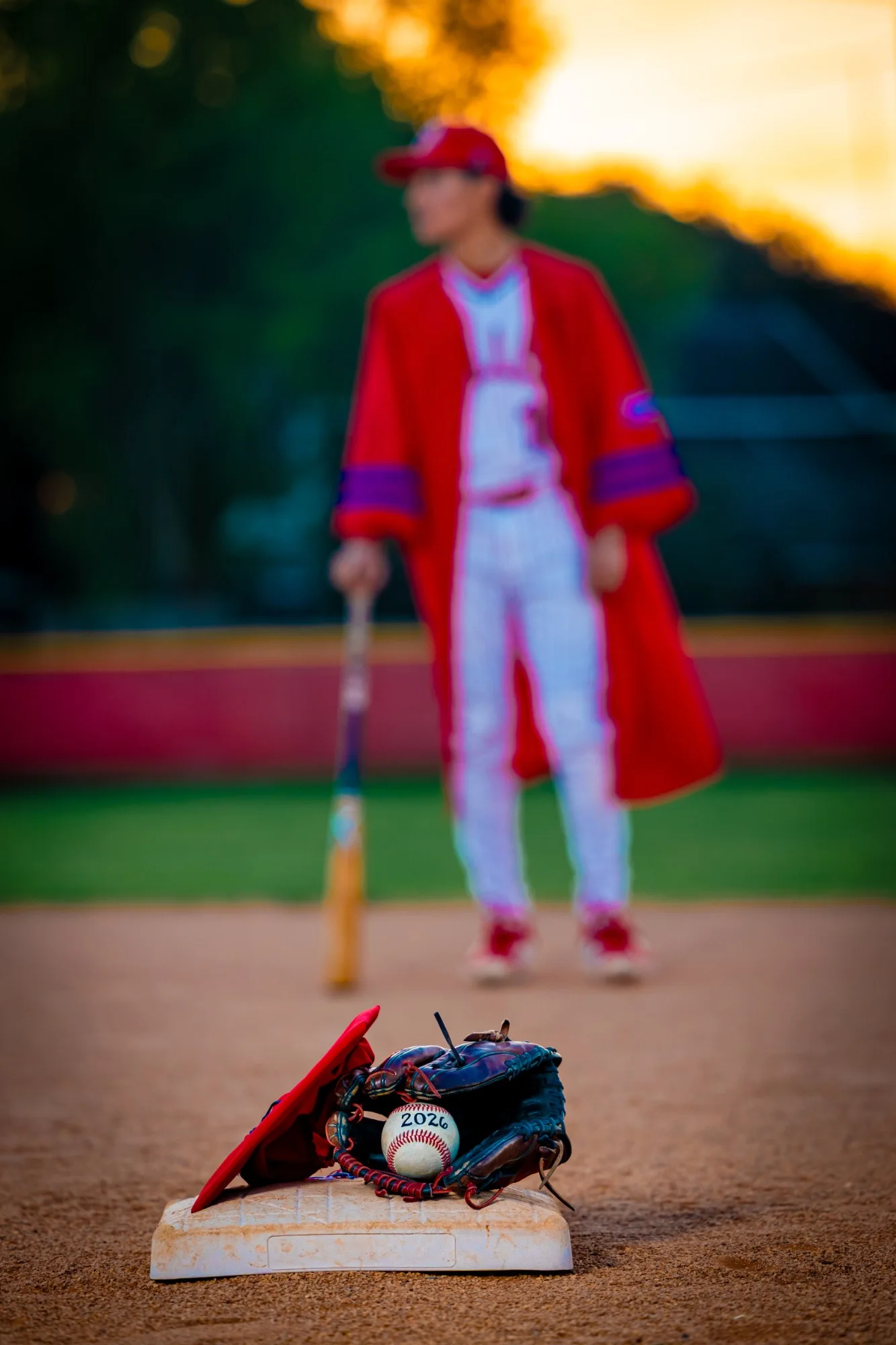 Senior in cap and gown standing on the infield with his bat resting on a base
