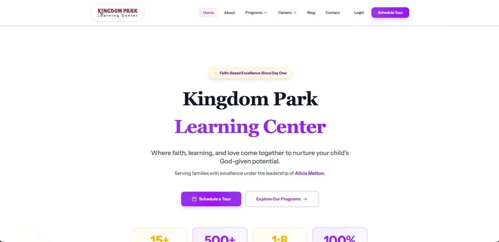 Kingdom Park Learning Center homepage built around scheduling a tour