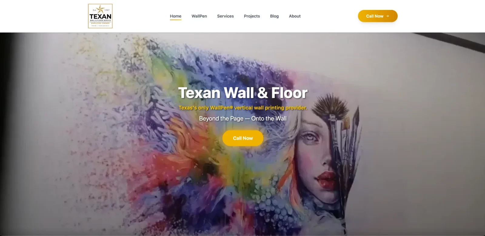 Texan Wall & Floor Service homepage featuring WallPen vertical wall printing